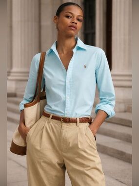 Ralph Lauren Oxford Shirt Slim Fit Aegean Blue Flesh Pony Classic Preppy  10